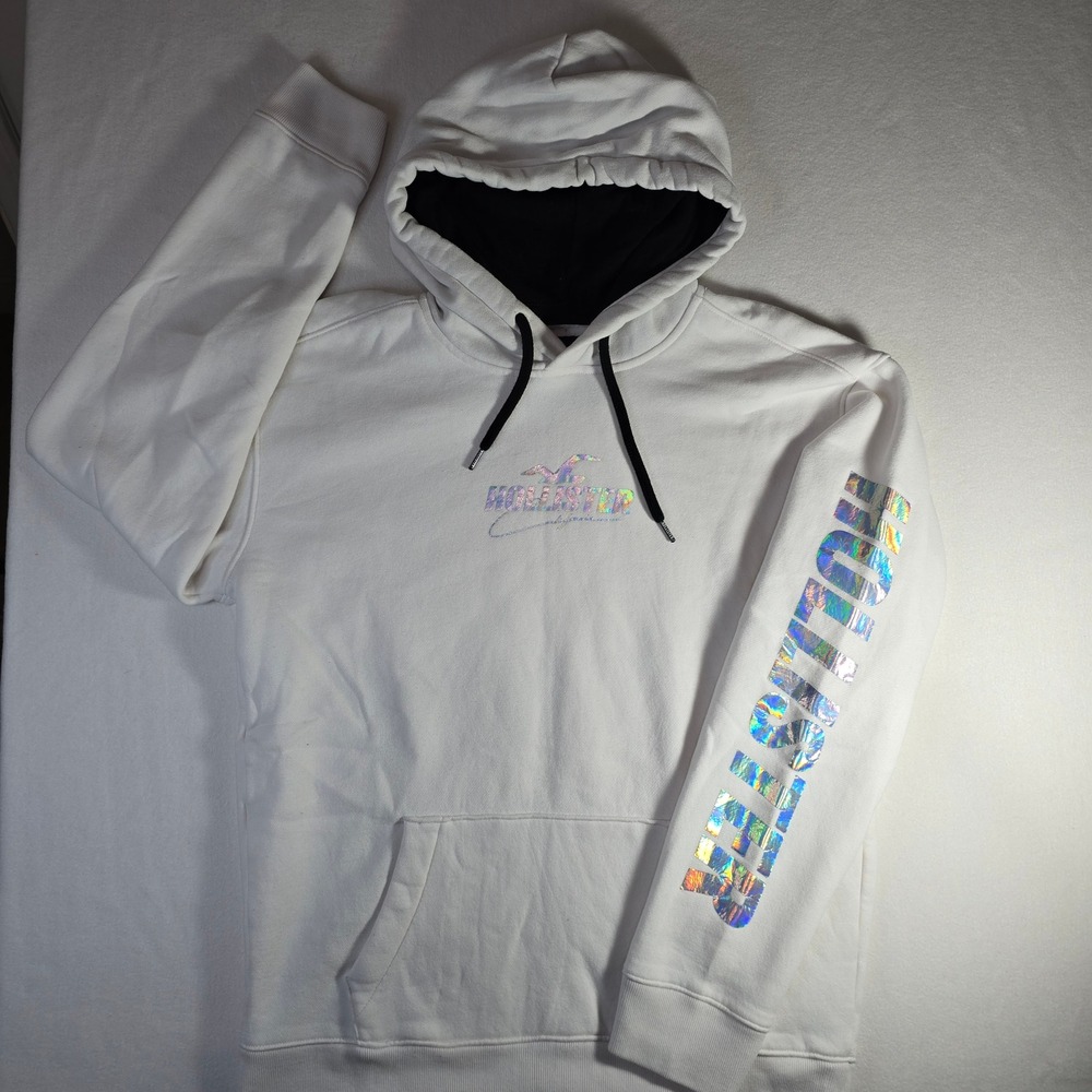 Hollister White Iridescent Holographic Logo Pullover Hoodie Unisex Medium